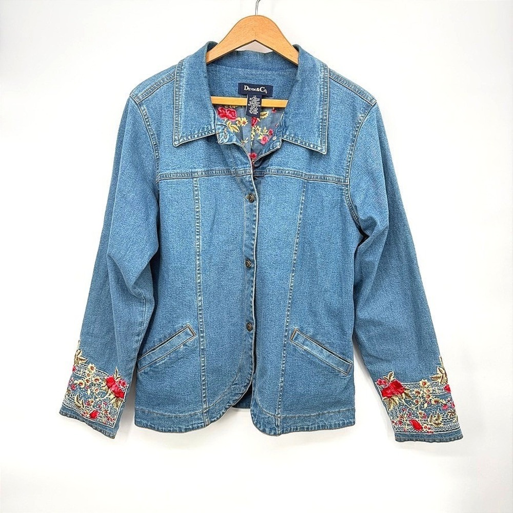 Denim & Co. Jean Jacket Embroidered Floral Cuff Blue Coat Boho Cottage Core 1Xā